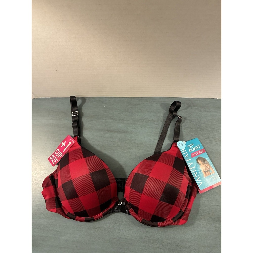 Vanity Fair Ego Boost 34C Push Up Bra Buffalo Plaid Red Black NWT 2131101